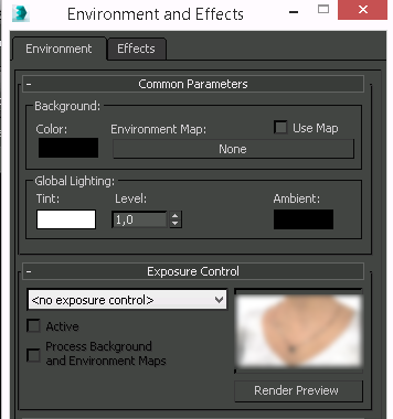 View of 'Environment and Effects' window with visible 'no exposure control' settings in 'Exposure control' section